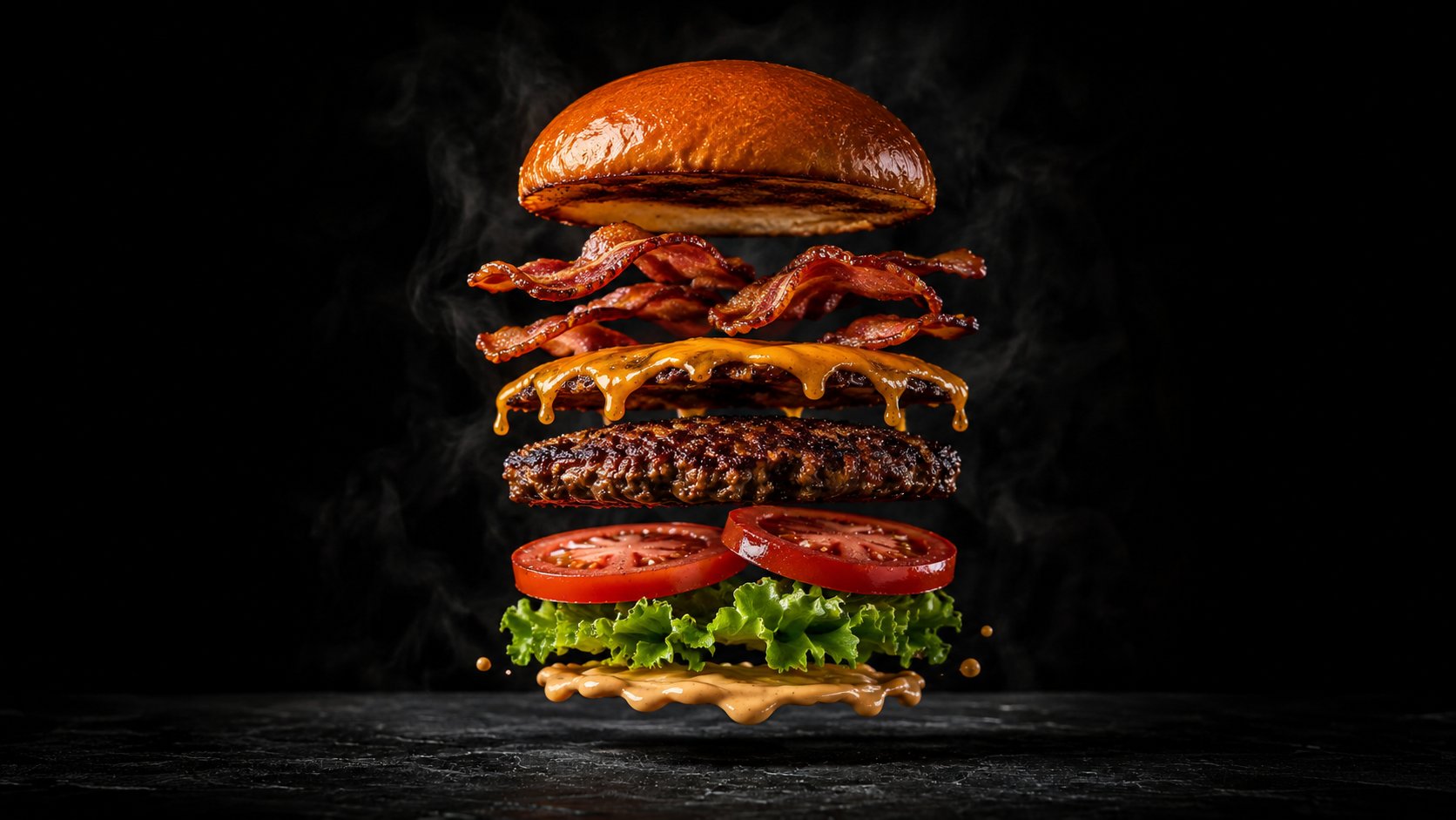 Hamburguesa completamente separada en nueve capas