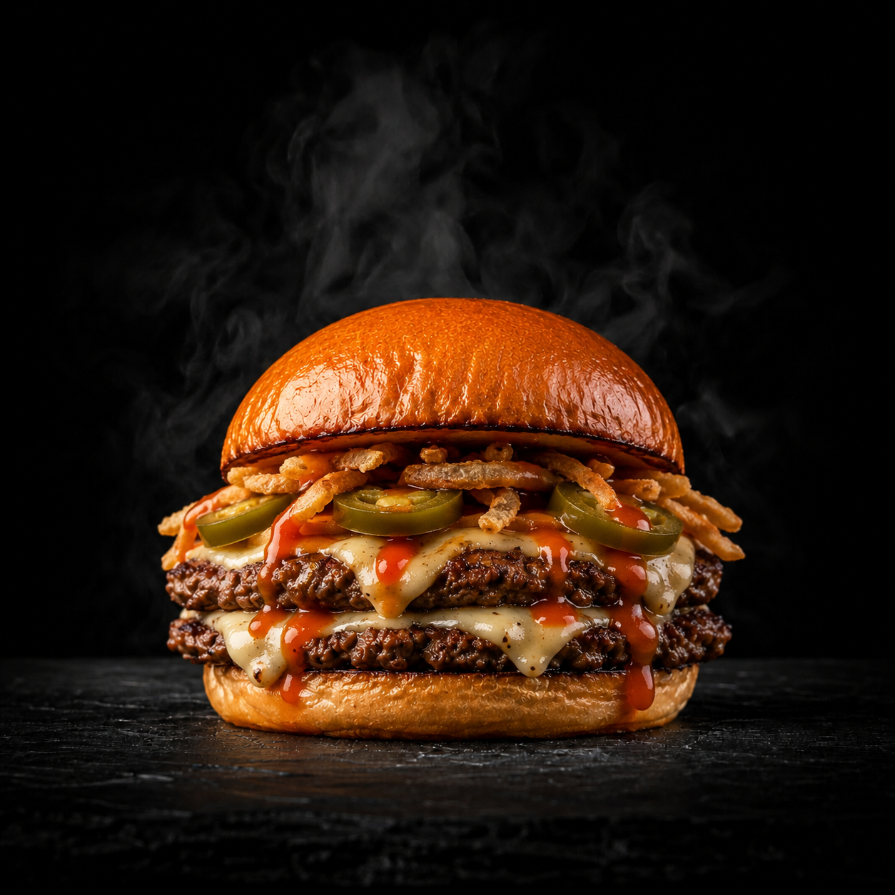 Hamburguesa La Picante con jalapeños y salsa roja